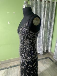 ชุดเดรสทรงนางเงือกคอวีสีดำชุดเดรสแบนเดจลายดอกไม้ปักเลื่อมชุดราตรีแขนกุดสายสปาเก็ตตี้ - Product Image 6