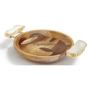 High Standard Quality Mango Wooden Made Oval Shape Serving Table Centerpiece <b>Tray</b> <b>With</b> Gold Plated Metal Flower Designer Handles - Product Image 4