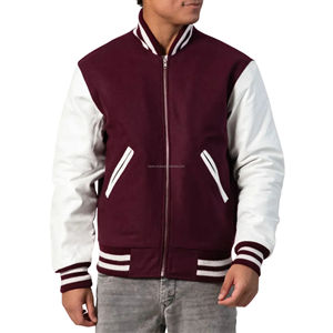 Chaqueta Varsity Unisex con Cierre, Cuerpo de Lana Melton, Mangas de Cuero, Ribete Acanalado, Forro Acolchado, Estilo Universitario Vintage, Diseño de Parches - Product Image 1