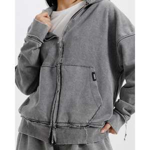 Sudadera con capucha extragrande de felpa francesa 100% algodón, lavada y deshilachada, con cremallera de cuarto, estilo liso con estampado, técnica de lavado enzimático. - Product Image 4