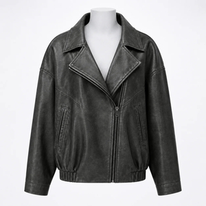 Chaqueta de Cuero Genuino Negro para Mujer, Corte Holgado, Cuello Extendido, Dobladillo Elástico, Bolsillos Laterales, Ecológica e Impermeable - Product Image 1