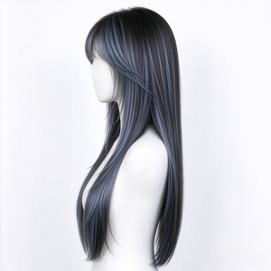 Peluca de Cabello Humano Largo y Liso con Capas, Color Negro con Reflejos Azul Grisáceo, con Flequillo Delgado para Delinear el Rostro - Product Image 6