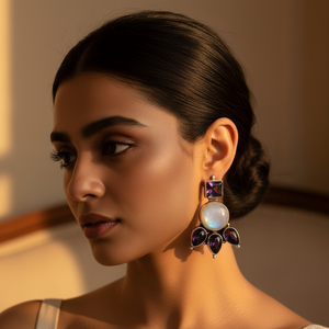 Boucles d'oreilles tendance vintage pour femmes en argent 925 avec pierre de lune et améthyste, or 14K 18K, diamant principal, or rose, blanc, jaune, or rose disponible - Product Image 1