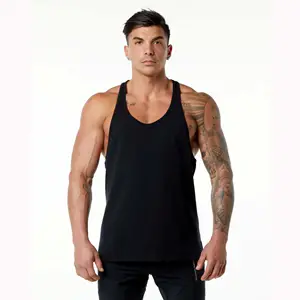 Men's Black Stringer with Low Cut Neckline and Open Racerback 94% Cotton 6% Spandex Breathable and Sweat-Wicking Relaxed Fit