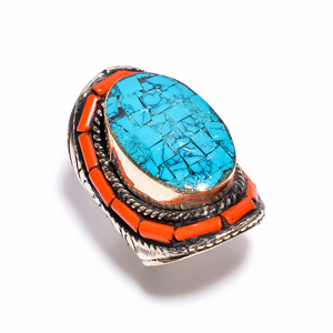 แหวนพลอยปะการังเทอร์ควอยส์ธรรมชาติเครื่องประดับขายส่งแหวนทำด้วยมือผู้จำหน่ายแหวนเครื่องประดับทิเบต - Product Image 2