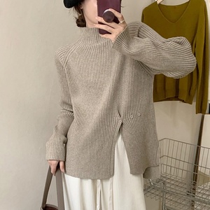 Femmes décontracté demi <span class=keywords><strong>col</strong></span> <span class=keywords><strong>roulé</strong></span> <span class=keywords><strong>pull</strong></span> <span class=keywords><strong>pull</strong></span> couleur unie multi-boutons décoration automne saison coupe ample fente ourlet tricots - Product Image 4