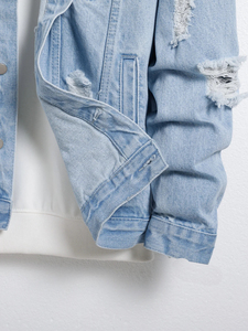 เสื้อแจ็คเก็ตยีนส์สีฟ้าอ่อนแบบขาดสำหรับผู้ชาย |   วินเทจ ชุดลำลอง ชุดสตรีทแวร์ ฤดูใบไม้ผลิ ฤดูใบไม้ร่วง |   ป้องกันลม ระบายอากาศได้ดี ติดกระดุม สวมใส่ได้ทุกวัน - Product Image 5