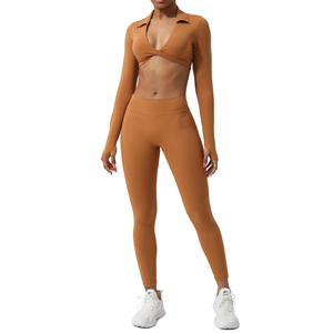 Conjunto Deportivo para Mujer, Ropa de Gimnasio, Yoga, Diseño Sólido, Mangas Largas, Cuello Solapa, Top Corto con Torsión Frontal, Cintura Elástica, Leggings Activos Elásticos - Product Image 5