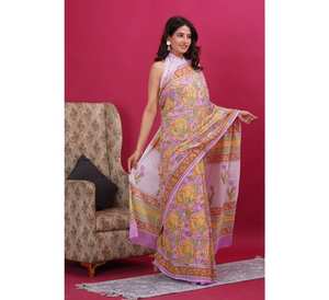 Sari estampado a mano de Malmal estilo Bollywood para mujer, algodón suave para festivales indios, fiestas de verano, ropa de fiesta de Pakistán - Product Image 4