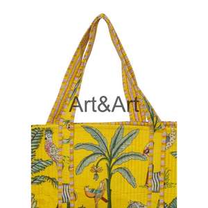 Cotton Quilted Block Print Tote <b>Bag</b> <b>Lady</b> Two Women Jungle Print Travel Handmade Shoulder Purse Large Floral <b>Weekender</b> Bridesmaid - Product Image 3