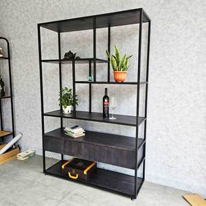 KTB68074 Standing Type Decorative Shelf with Drawers 120x38x180cm Rubber Wood and Iron Frame for Living Room - Product Image 5