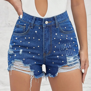Pantalones cortos lavados con estilo para mujer 2025, pantalones cortos de mezclilla desgastados con estampado de piedra 3D personalizados, nuevos pantalones cortos vaqueros de verano para mujer - Product Image 1