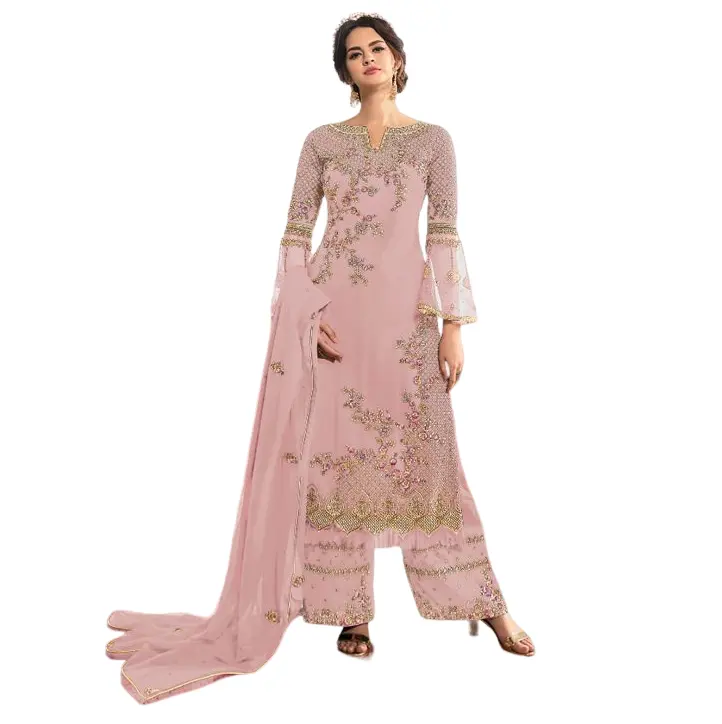 Hot Selling Party Wear Georgette mit Stickerei Work Top mit Dupatta Set Salwar Kameez Kurti Plazo Set Großhandel Ethnische Kleidung