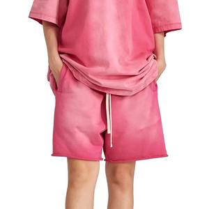 Short en vrac unisexe personnalisé Short lavé à l'acide en détresse Vintage bord brut coton éponge français Vintage rose couleur lavage à l'acide Shorts - Product Image 5