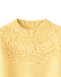 Customized Soft Yellow Jacquard Knit Sweater Floral Textured Crew Neck Long Sleeve Winter Pullover For Women Custom Wholesale - Product Image 4