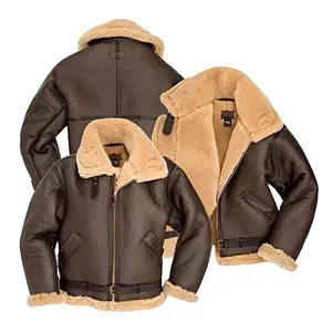 Casaco de couro de pele de carneiro masculino, jaqueta estilo bomber b3, casaco para aviador, piloto marrom
