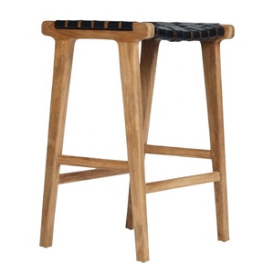 Minimalist Teak Wood Bar <b>Stool</b> With Black Leather Seat Outdoor <b>Garden</b> Furniture Scandinavian Design Durable Solid Wood - Product Image 1