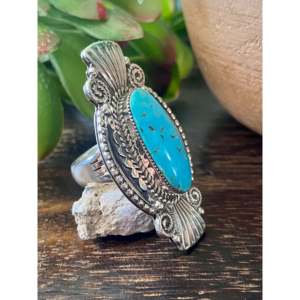 Navajo Handmade Fine Jewelry <b>Ring</b> Kingman Turquoise & Sterling <b>Silver</b> <b>Statement</b> Style for Everyday Wear Size 7 - Product Image 3