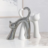 Objeto Decorativo de Cerámica Artística Contemporánea Hecho a Mano con Patrón de Animales, Tema de Gatos, 25 cm, Plateado y Blanco, para Mesa, Día de San Valentín