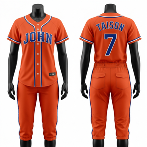 <b>Elite</b> 200 GSM Moisture Wicking Polyester Baseball Uniform Orange Blue Trim Side Panel Style Applique Custom Logo Stitch - Product Image 1