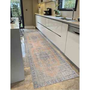 Tapis imprimé bleu marine et orange : motif médaillon oriental turc délavé, tapis doux non tissé - Product Image 1