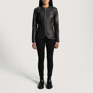 Custom Ladies' Black <b>Sheepskin</b> Bomber <b>Jacket</b> with Cowhide Leather and Sequin Decorations - Product Image 3