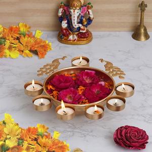 Metal Lotus Urli Bowl with <b>Tealight</b> <b>Holders</b> Decorative Diya Stand for Pooja Mandir Home Festive Wedding Housewarming Spiritual - Product Image 3