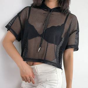 Haut court à capuche en résille/maille pour femmes, manches longues, Top en maille, sweat-shirt Sexy à capuche, mode dame - Product Image 3