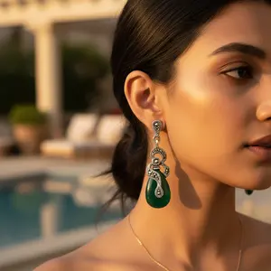 ต่างหูเงินแท้ 925 ประดับพลอยสีเขียว สำหรับผู้หญิง-ทันสมัย เหมาะสำหรับงานแต่งงาน/งานปาร์ตี้/ของขวัญ - Product Image 3