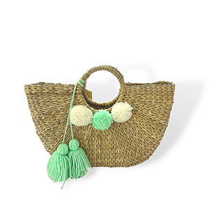 Vente chaude bohème Vintage jacinthe fourre-tout été raphia paille sac de plage ouvert à la mode pompon détail automne vente en gros Vietnam - Product Image 4