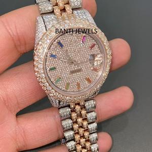 Montre de luxe bicolore en acier inoxydable avec verre Moissanite glacé, index arc-en-ciel, style hip-hop, bijoux diamant, double mouvement - Product Image 3