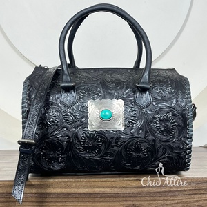 Sac de voyage Western Speedy en cuir véritable noir fait à la main en gros avec concho turquoise, sacs de voyage de luxe pour le week-end et la nuit - Product Image 1