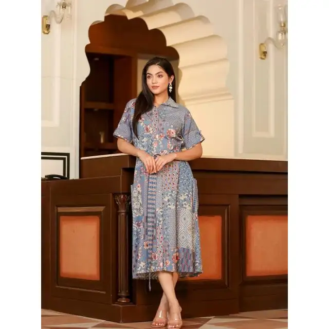 Vestido de algodão estampado elegante e respirável, vestido casual de festa da moda, vestido feminino do fabricante e exportador indiano