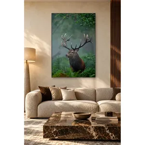 Impression sur toile verticale de cerf roux dans une forêt de fougères brumeuses - Product Image 2