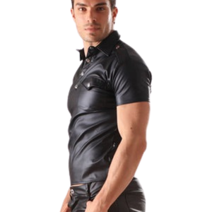 Chemise à manches courtes en similicuir pour homme, style noir, faux cuir, vêtements de club fétichistes, boutonnière sur le devant - Product Image 6