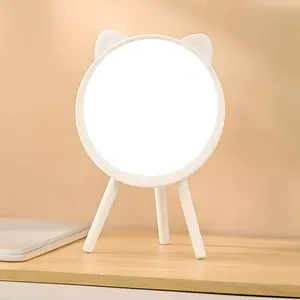 Tondo a forma di tavolo in plastica in piedi specchio di vanità disegno orecchio di gatto specchio per il trucco da scrivania con cornice bianca