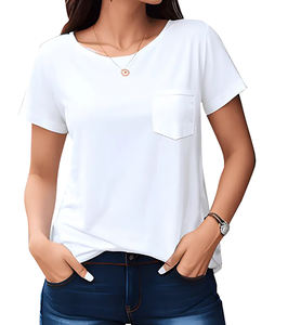 Camiseta de manga corta con cuello redondo para mujer 100% algodón Jersey tela serigrafiada Logo encaje ecológico antiarrugas a granel - Product Image 6