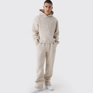 High Quality Custom Oversize Boxy Varsity Embossed Tracksuit Cotton Heavyweight Streetwear 2 Piece Hoodie & Jogger Men Sweatsuit - Product Image 1