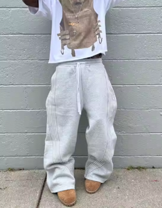 Logo personnalisé pour hommes Pantalon de survêtement droit en coton épais Streetwear décontracté jambe large Baggy Jogging surdimensionné ceinture latérale rayée - Product Image 6