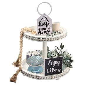 Bandeja de Servir Redonda Blanca de 2 Niveles, Estilo Rústico, Hecha a Mano, Multifuncional, para Aperitivos, Postres y Decoración del Hogar - Product Image 1