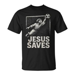 T-shirt ispiratrice con scritta 'Jesus Saves Soccer Goalie', abbigliamento cristiano motivazionale - Product Image 1