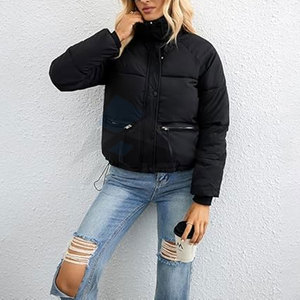 Veste matelassée courte pour femme d'hiver, manteau chaud matelassé avec col montant, vêtement d'extérieur léger, noir - Product Image 2