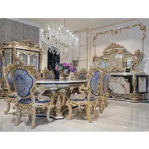 Juego de Muebles de Comedor Modernos de Madera de Teca Real con Tallado Pesado y Acabado en Pan de Oro, Color y Tamaño Personalizables - Product Image 1