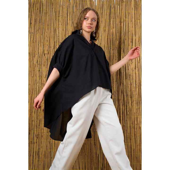 Women's Black Short Balloon Sleeve Long Back Cotton Tunic Shirt