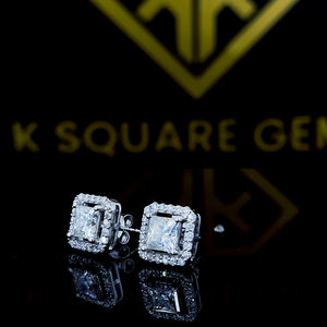 Pendientes de moissanita de corte princesa, pendientes de tuerca estilo Halo, pendientes de empuje hacia atrás, pendientes de boda para mujer, oro blanco de 14K - Product Image 2