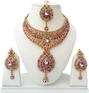 Parure de bijoux de mariée en alliage de zinc, style ethnique bohème vintage, plaqué or, avec collier de perles et boucles d'oreilles clous, ornée de cristaux, pour fêtes - Product Image 6