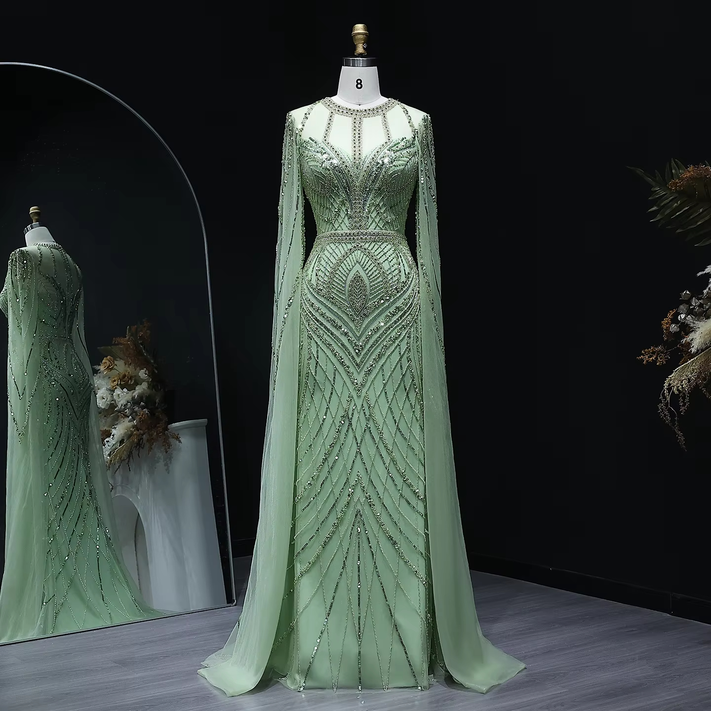 green islamic wedding dresses Elegant Islamic Wedding Dress with Lace Hood – ScarfTurbanHijab main image 1
