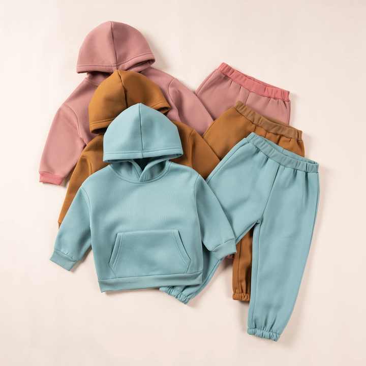 Winter Children Hooded Tracksuits Suits  Toddler Boys Girls Clothing Suit Solid Plush Sweater and Sports Pants Set
