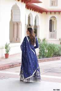 Indian Ethnic Wear Vichitra Silk with Rich <b>Sequins</b> Embroidered Work Anarkali Ready to Wear Gowns with Designer Border Dupatta - Product Image 3