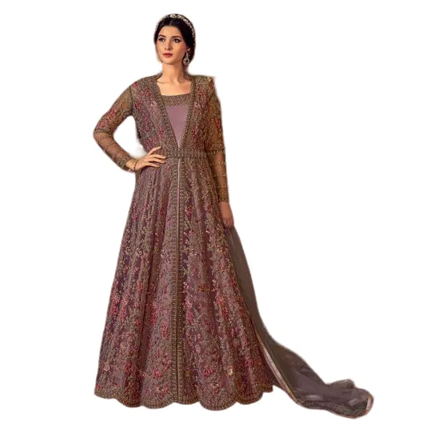 女性のためのインドのトレンディなファッション刺繍付きロングシルクAnarkali Kurti Gown with Dupatta Wedding Partywear Suit Wholesale